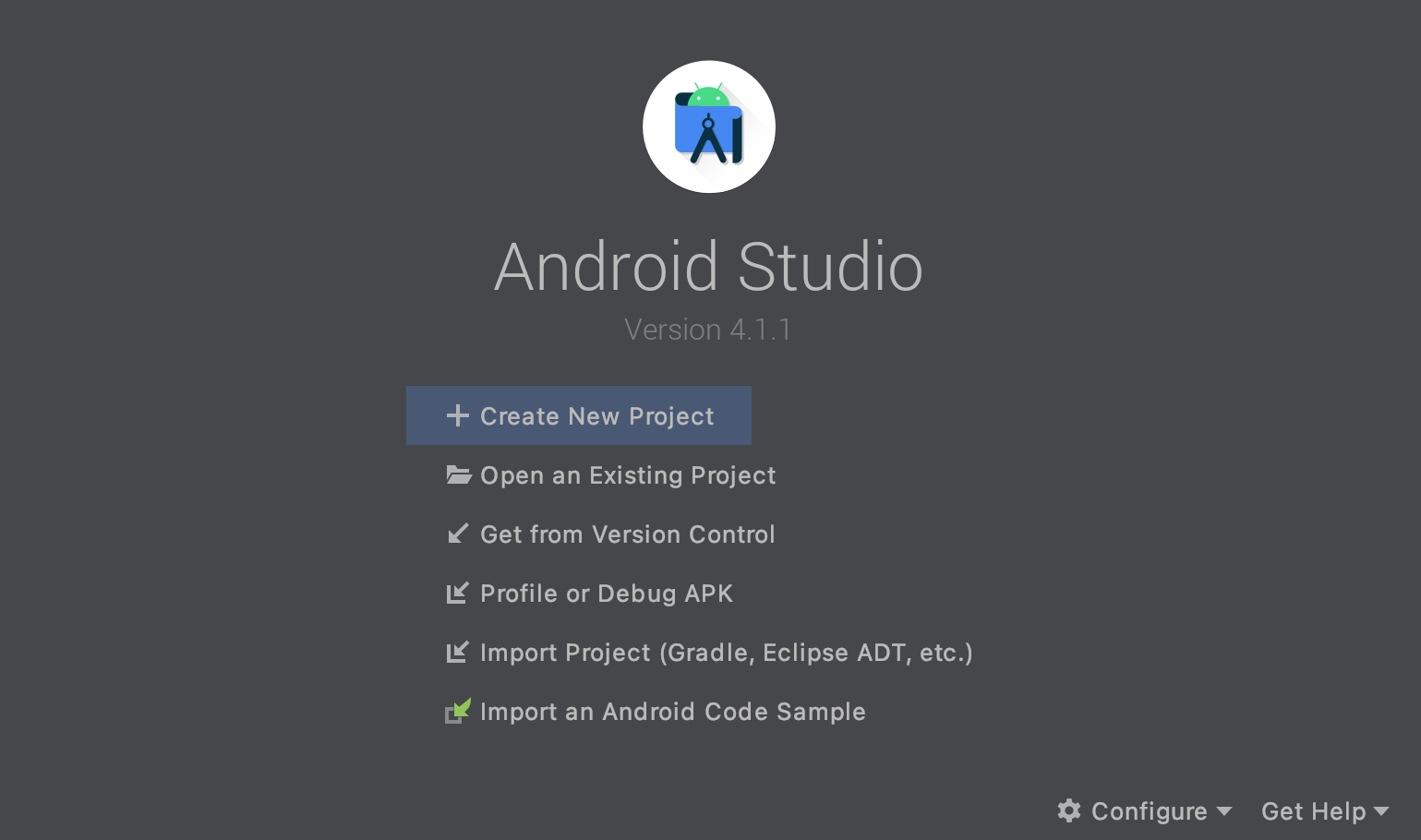 Android Studio's starting window