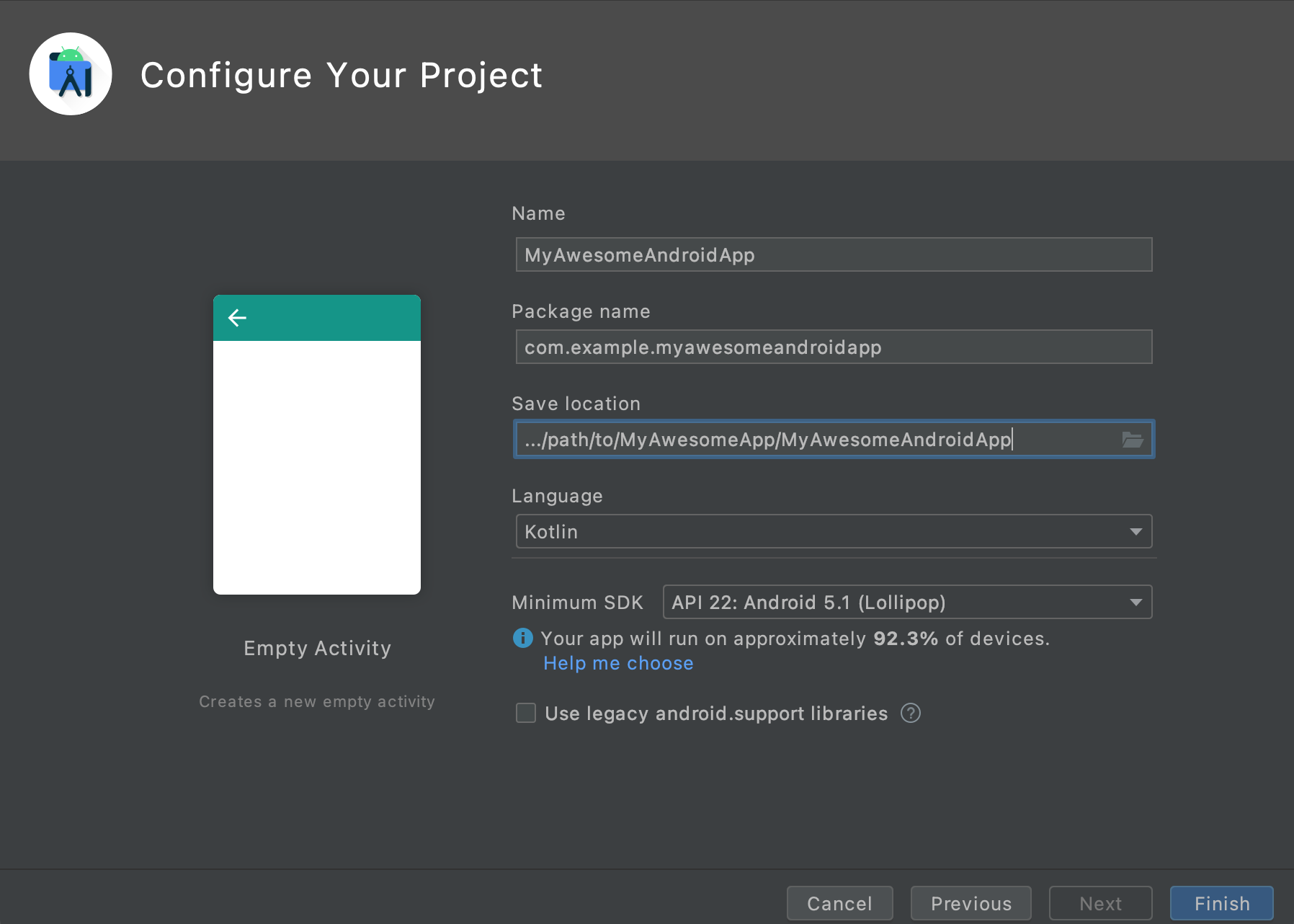 Android Studio's "Configure your project" window